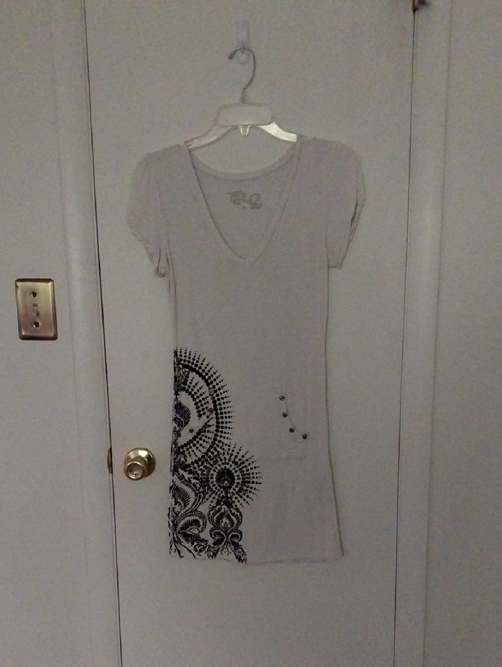 Women’s White V-Neck Short Sleeve Tee-shirt Dress with Black Print